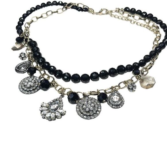 Black Bead Goldtone Multilayer Statement Necklace - Picture 1 of 6